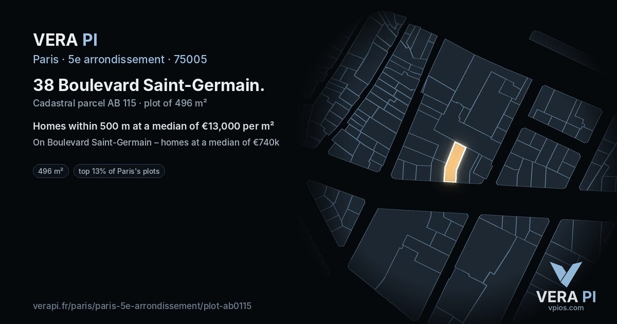 38 Boulevard Saint-Germain, 5e arrondissement at night – the plot lit, the parcels around coloured by the prices near them