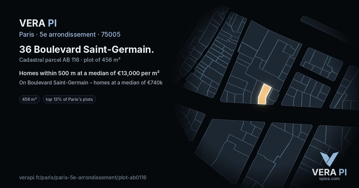 36 Boulevard Saint-Germain, 5e arrondissement at night – the plot lit, the parcels around coloured by the prices near them