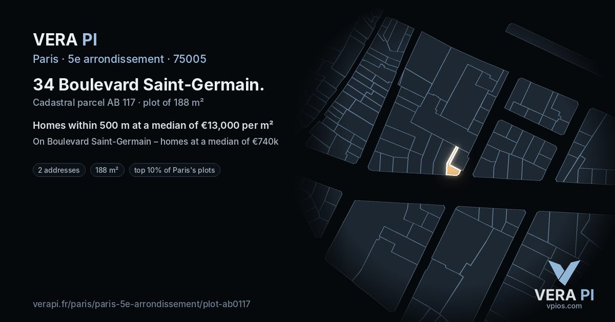 34 Boulevard Saint-Germain, 5e arrondissement at night – the plot lit, the parcels around coloured by the prices near them