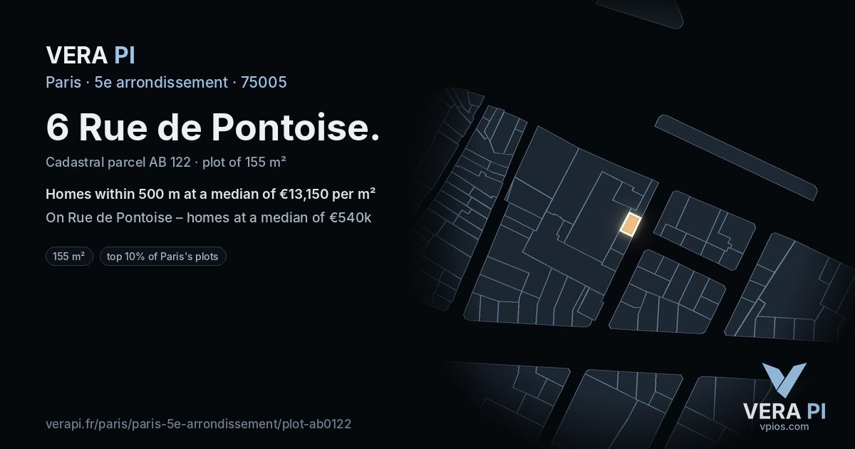 6 Rue de Pontoise, 5e arrondissement at night – the plot lit, the parcels around coloured by the prices near them