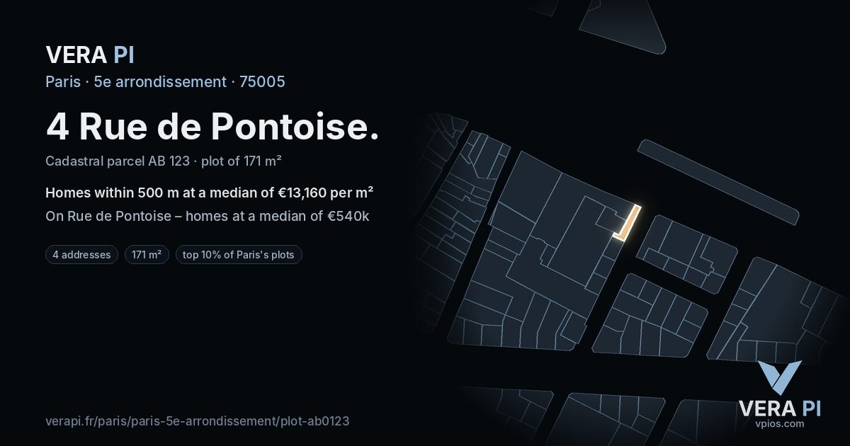 4 Rue de Pontoise, 5e arrondissement at night – the plot lit, the parcels around coloured by the prices near them