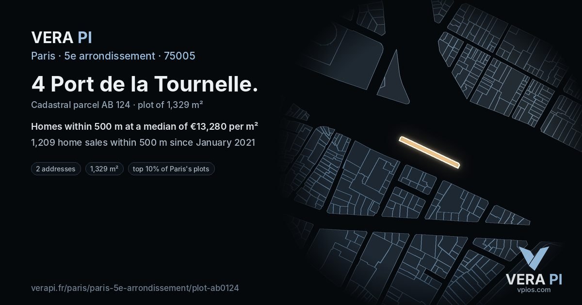 4 Port de la Tournelle, 5e arrondissement at night – the plot lit, the parcels around coloured by the prices near them