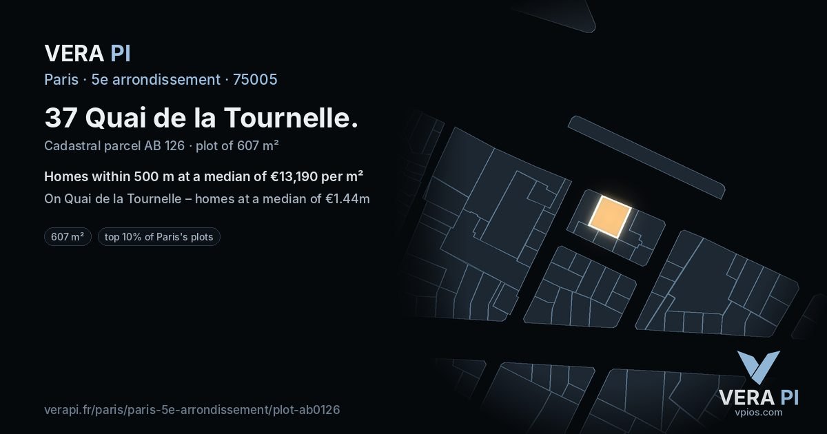 37 Quai de la Tournelle, 5e arrondissement at night – the plot lit, the parcels around coloured by the prices near them