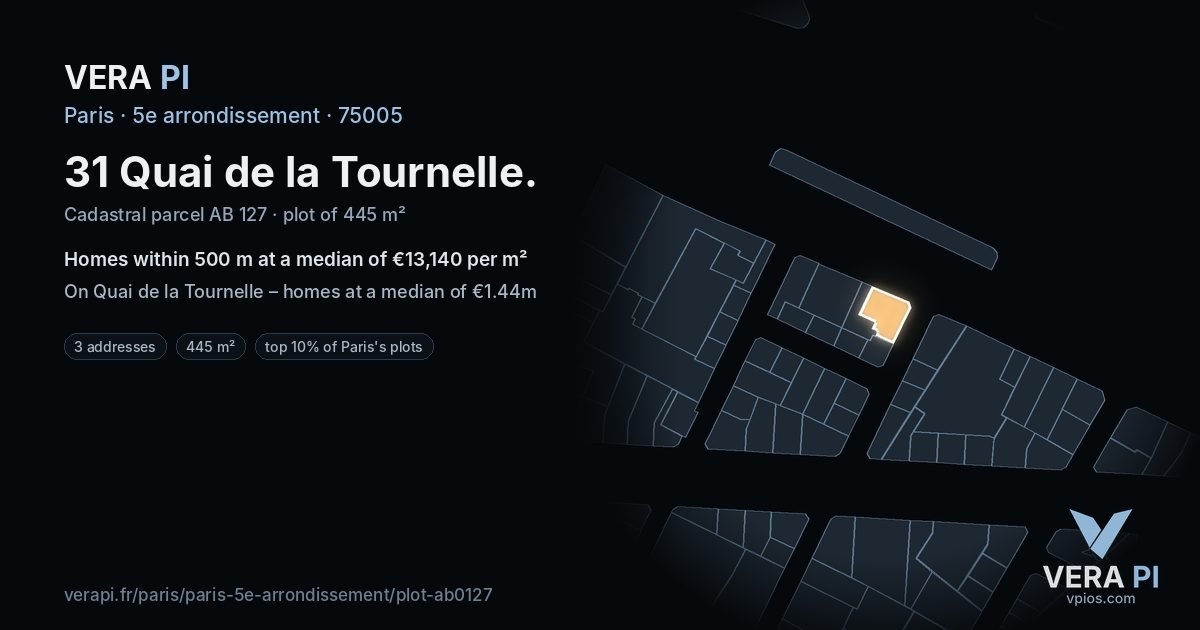 31 Quai de la Tournelle, 5e arrondissement at night – the plot lit, the parcels around coloured by the prices near them