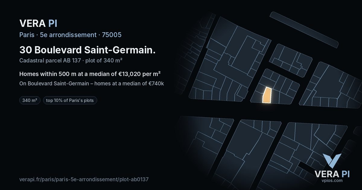 30 Boulevard Saint-Germain, 5e arrondissement at night – the plot lit, the parcels around coloured by the prices near them