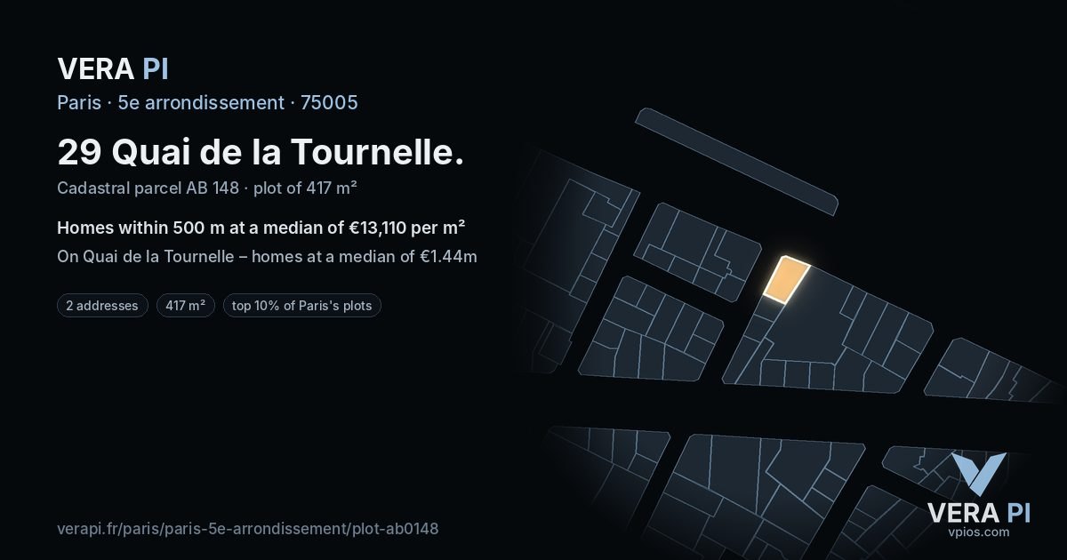 29 Quai de la Tournelle, 5e arrondissement at night – the plot lit, the parcels around coloured by the prices near them
