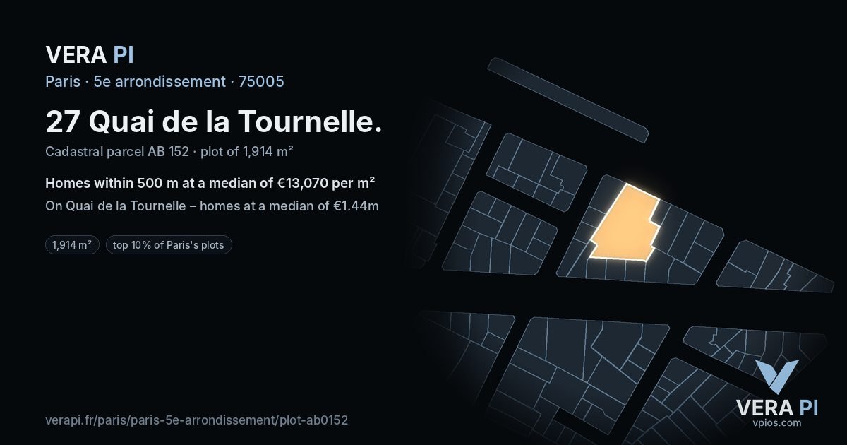 27 Quai de la Tournelle, 5e arrondissement at night – the plot lit, the parcels around coloured by the prices near them