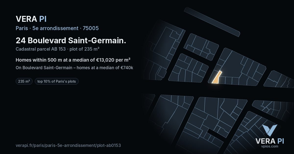 24 Boulevard Saint-Germain, 5e arrondissement at night – the plot lit, the parcels around coloured by the prices near them