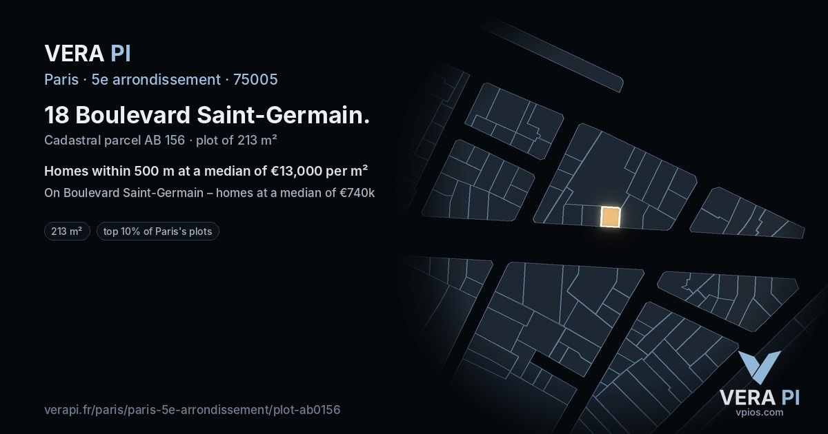 18 Boulevard Saint-Germain, 5e arrondissement at night – the plot lit, the parcels around coloured by the prices near them