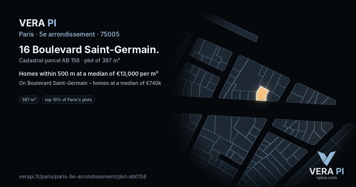 16 Boulevard Saint-Germain, 5e arrondissement at night – the plot lit, the parcels around coloured by the prices near them