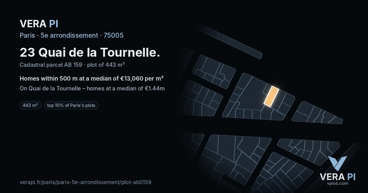23 Quai de la Tournelle, 5e arrondissement at night – the plot lit, the parcels around coloured by the prices near them