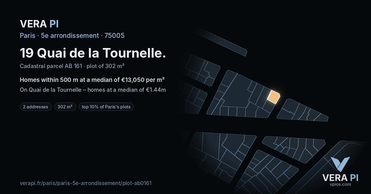 19 Quai de la Tournelle, 5e arrondissement at night – the plot lit, the parcels around coloured by the prices near them