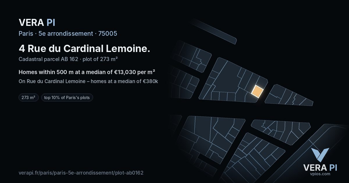 4 Rue du Cardinal Lemoine, 5e arrondissement at night – the plot lit, the parcels around coloured by the prices near them