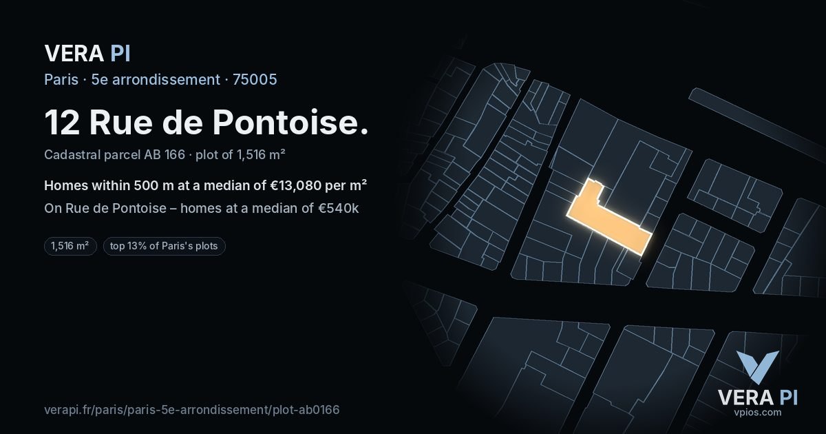 12 Rue de Pontoise, 5e arrondissement at night – the plot lit, the parcels around coloured by the prices near them