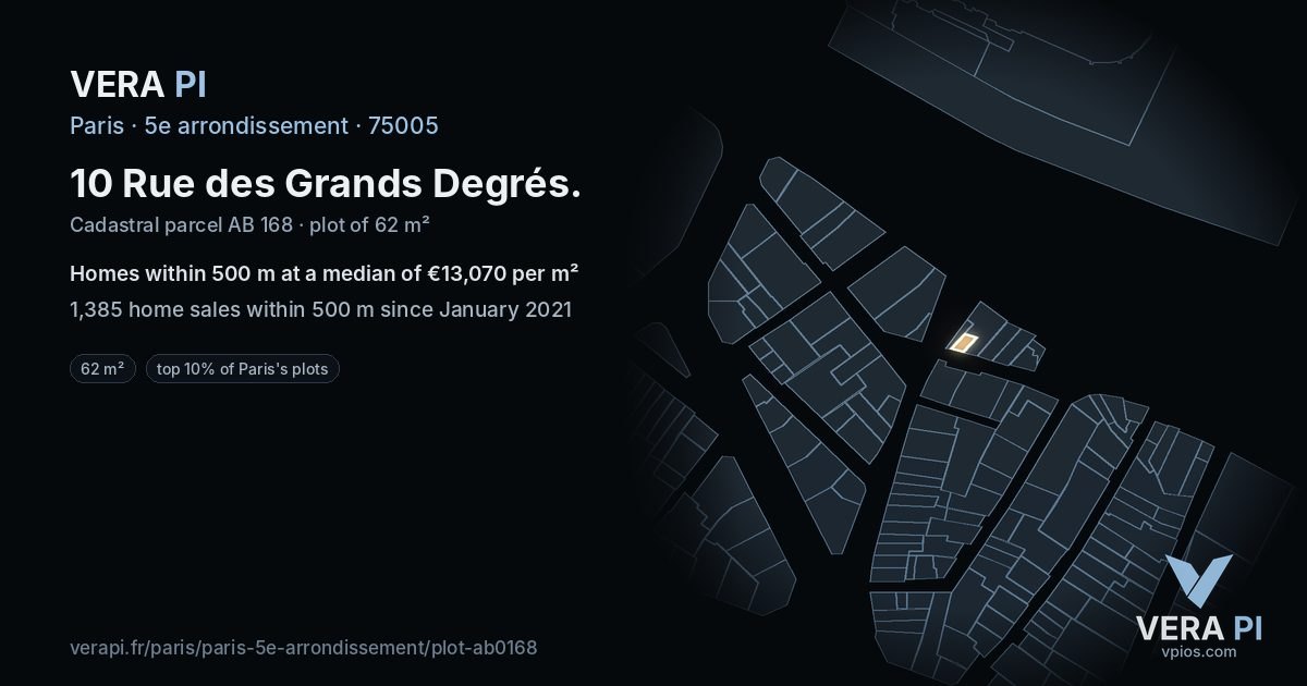 10 Rue des Grands Degrés, 5e arrondissement at night – the plot lit, the parcels around coloured by the prices near them
