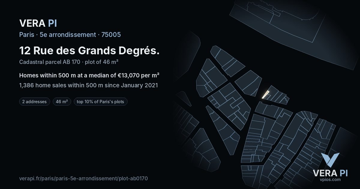 12 Rue des Grands Degrés, 5e arrondissement at night – the plot lit, the parcels around coloured by the prices near them