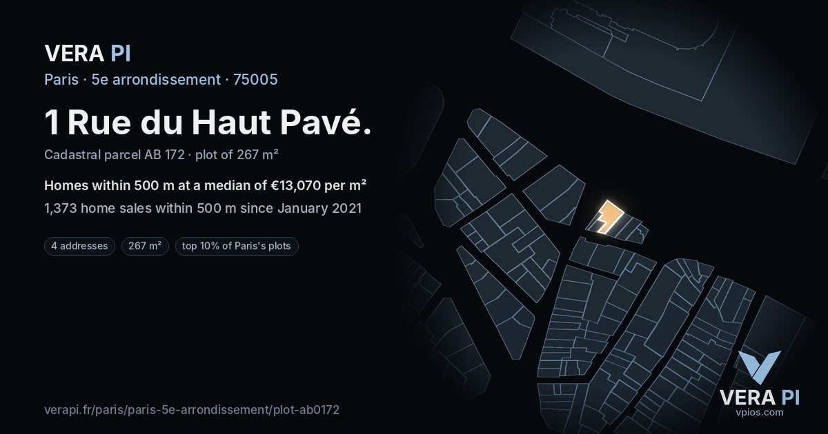1 Rue du Haut Pavé, 5e arrondissement at night – the plot lit, the parcels around coloured by the prices near them
