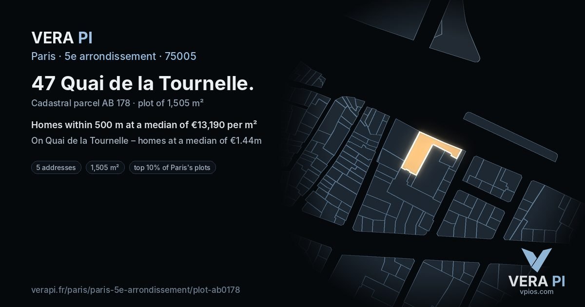 47 Quai de la Tournelle, 5e arrondissement at night – the plot lit, the parcels around coloured by the prices near them