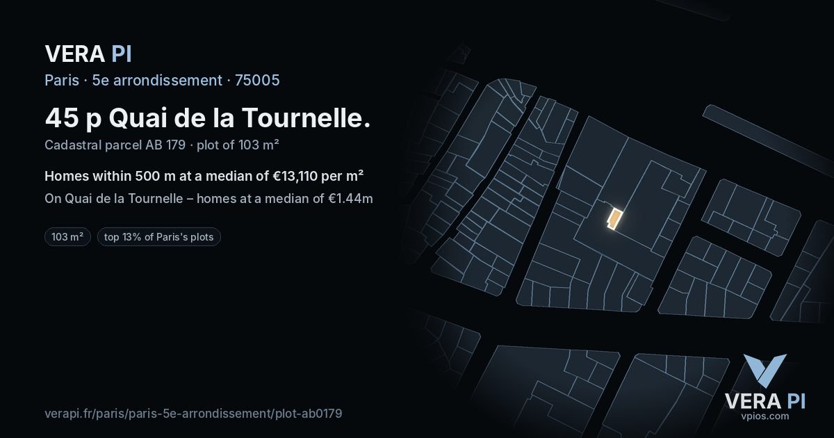 45 p Quai de la Tournelle, 5e arrondissement at night – the plot lit, the parcels around coloured by the prices near them
