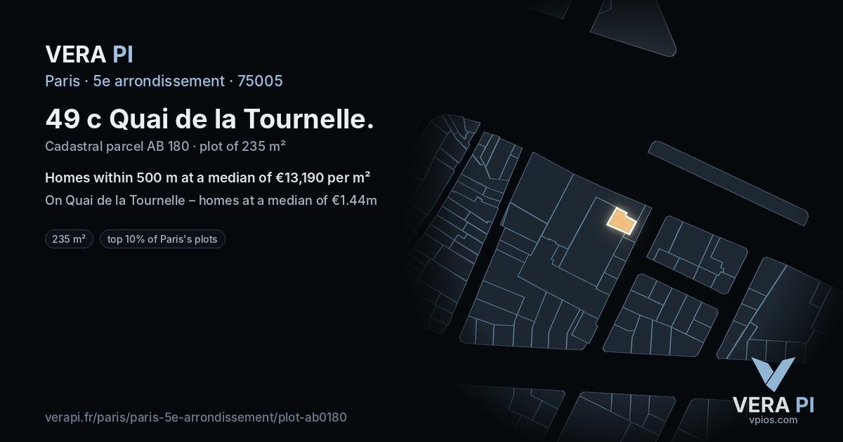 49 c Quai de la Tournelle, 5e arrondissement at night – the plot lit, the parcels around coloured by the prices near them