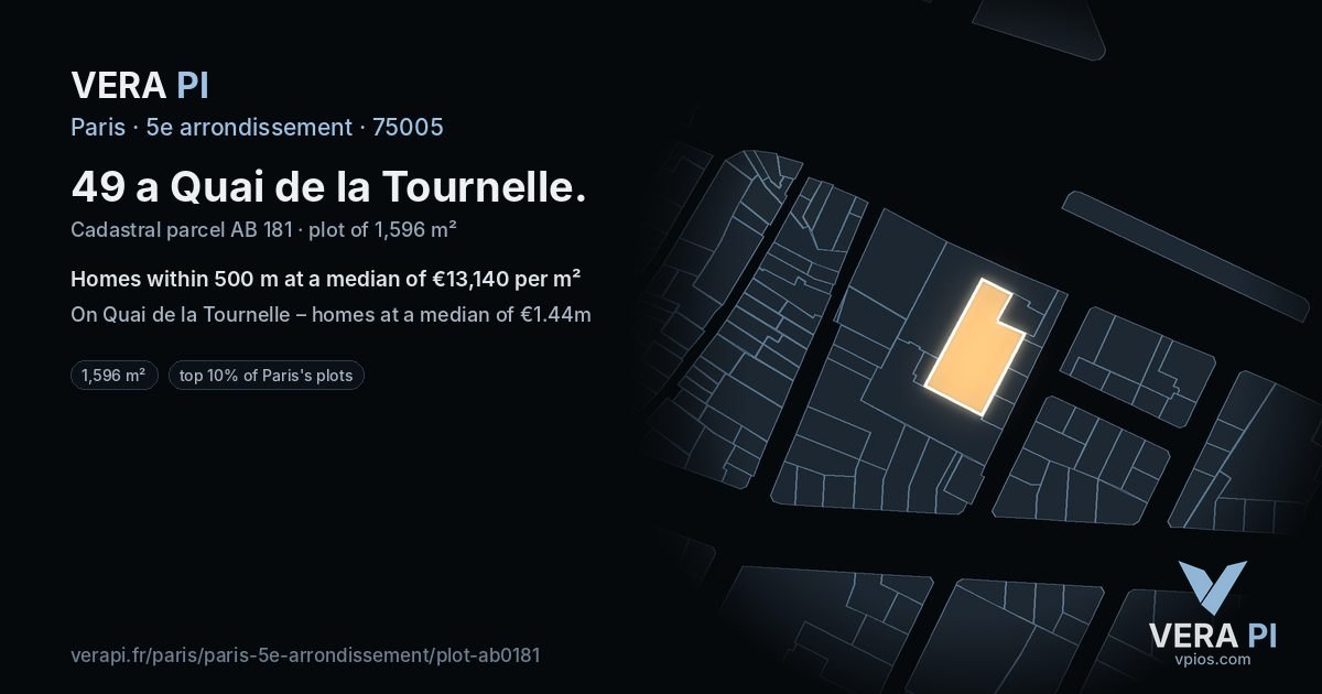 49 a Quai de la Tournelle, 5e arrondissement at night – the plot lit, the parcels around coloured by the prices near them