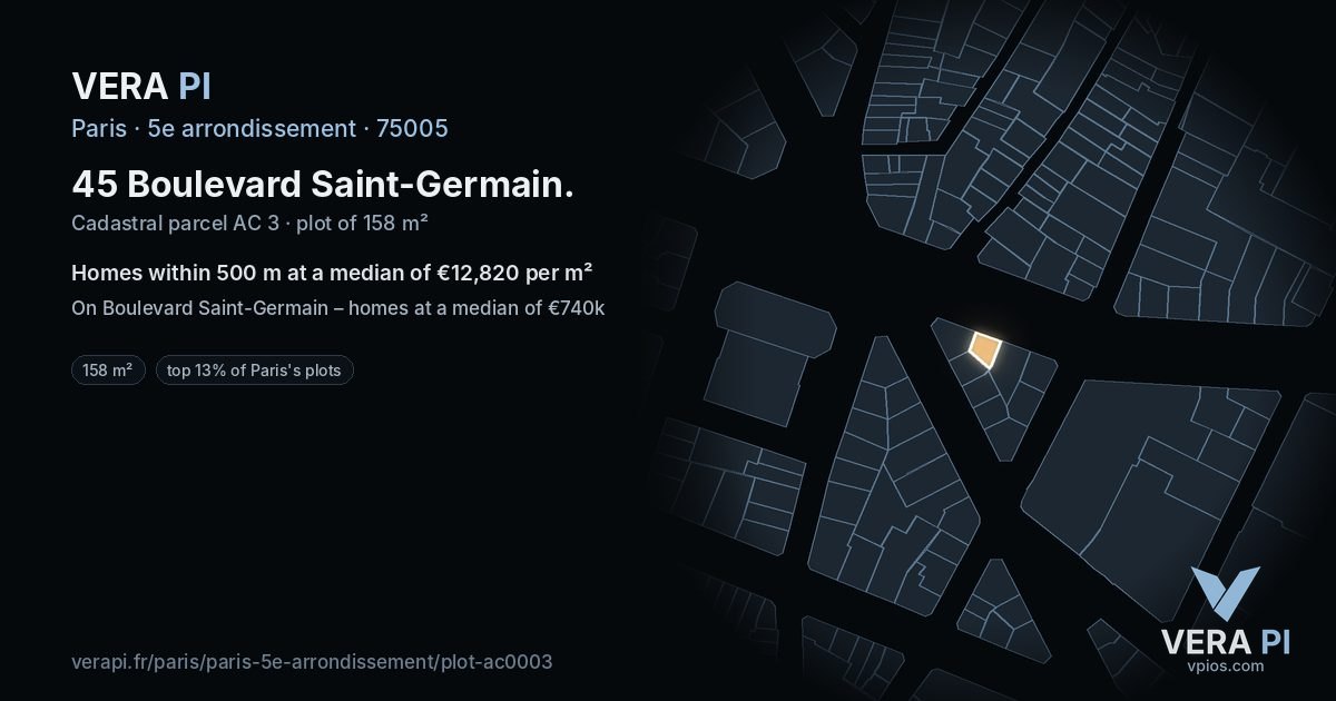 45 Boulevard Saint-Germain, 5e arrondissement at night – the plot lit, the parcels around coloured by the prices near them