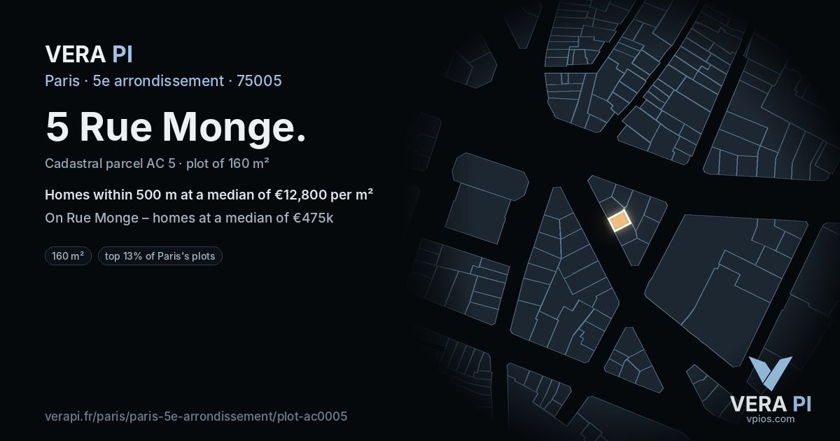 5 Rue Monge, 5e arrondissement at night – the plot lit, the parcels around coloured by the prices near them