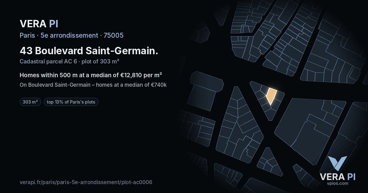 43 Boulevard Saint-Germain, 5e arrondissement at night – the plot lit, the parcels around coloured by the prices near them