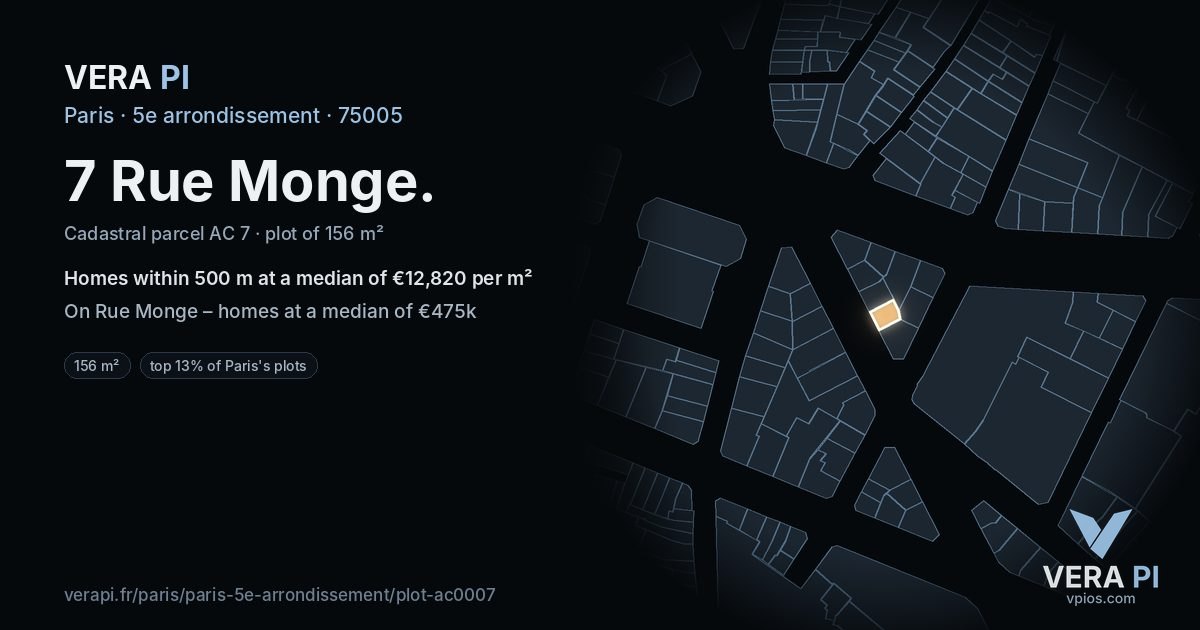 7 Rue Monge, 5e arrondissement at night – the plot lit, the parcels around coloured by the prices near them
