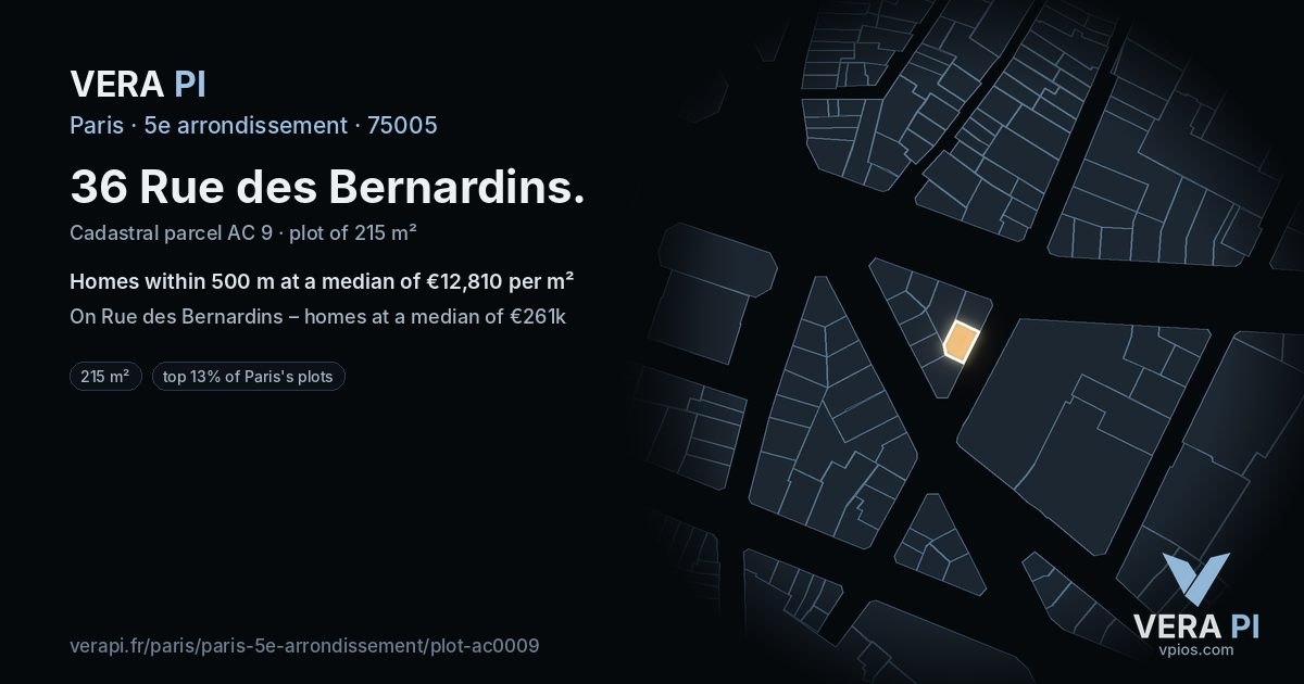 36 Rue des Bernardins, 5e arrondissement at night – the plot lit, the parcels around coloured by the prices near them