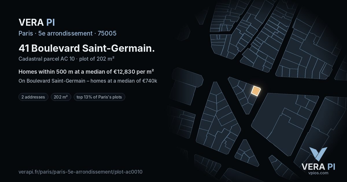 41 Boulevard Saint-Germain, 5e arrondissement at night – the plot lit, the parcels around coloured by the prices near them