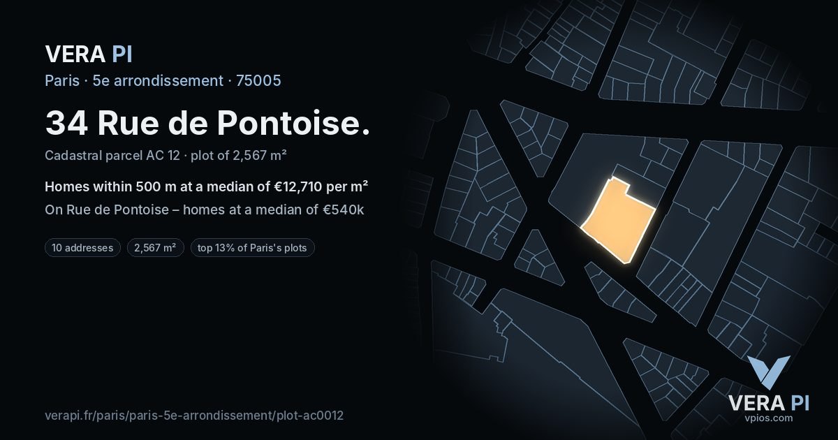 34 Rue de Pontoise, 5e arrondissement at night – the plot lit, the parcels around coloured by the prices near them
