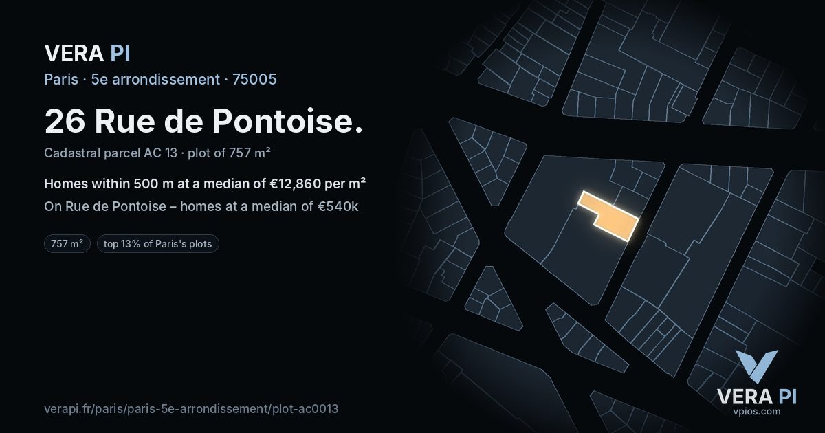 26 Rue de Pontoise, 5e arrondissement at night – the plot lit, the parcels around coloured by the prices near them