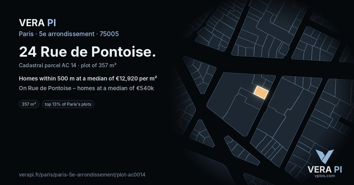 24 Rue de Pontoise, 5e arrondissement at night – the plot lit, the parcels around coloured by the prices near them