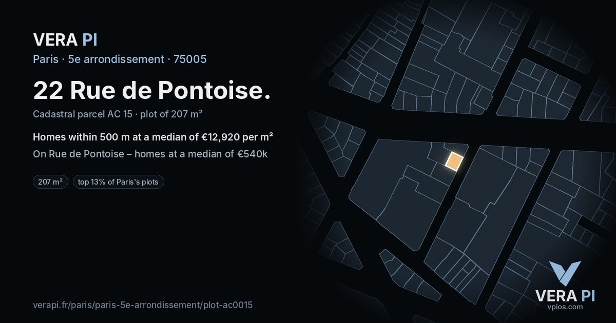 22 Rue de Pontoise, 5e arrondissement at night – the plot lit, the parcels around coloured by the prices near them