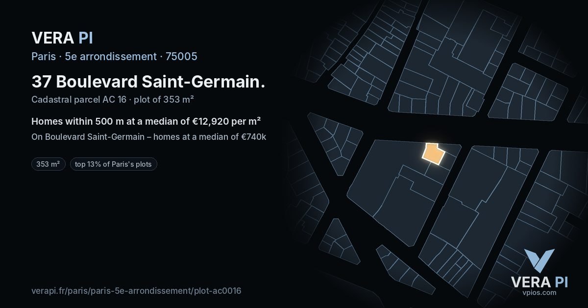 37 Boulevard Saint-Germain, 5e arrondissement at night – the plot lit, the parcels around coloured by the prices near them