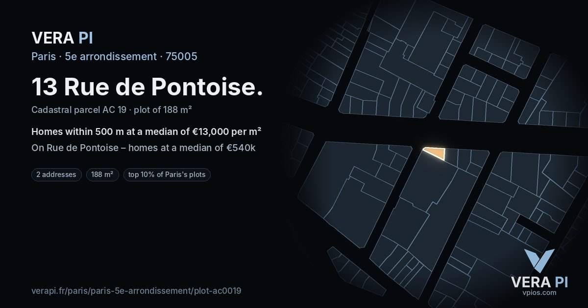 13 Rue de Pontoise, 5e arrondissement at night – the plot lit, the parcels around coloured by the prices near them