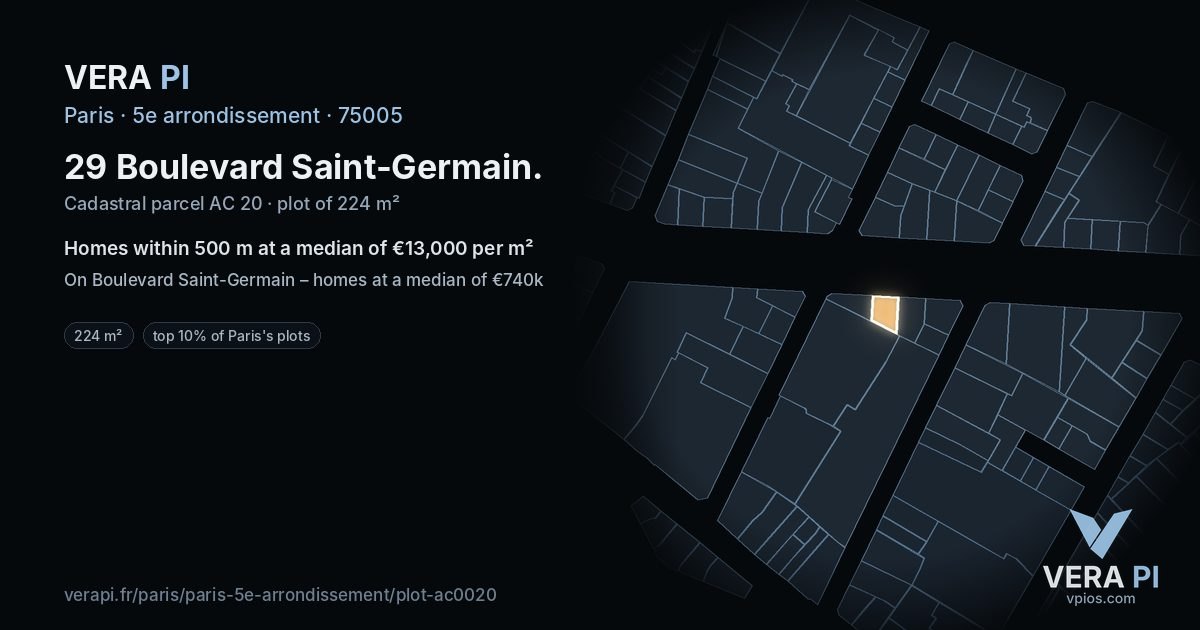29 Boulevard Saint-Germain, 5e arrondissement at night – the plot lit, the parcels around coloured by the prices near them