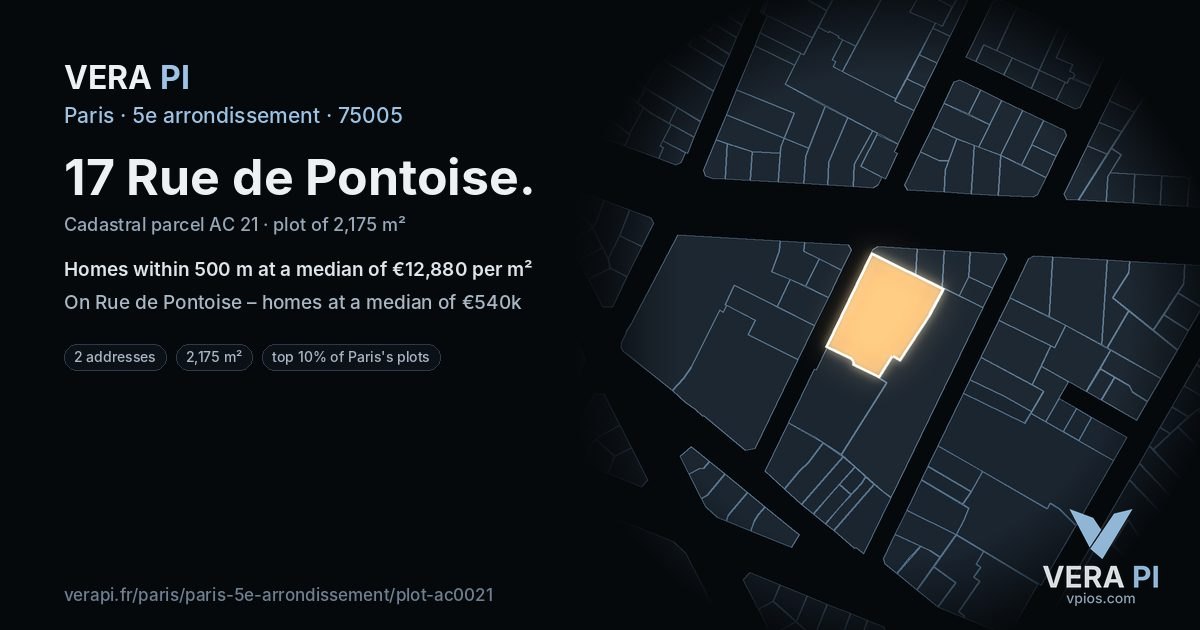 17 Rue de Pontoise, 5e arrondissement at night – the plot lit, the parcels around coloured by the prices near them