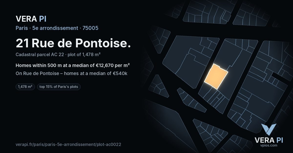 21 Rue de Pontoise, 5e arrondissement at night – the plot lit, the parcels around coloured by the prices near them