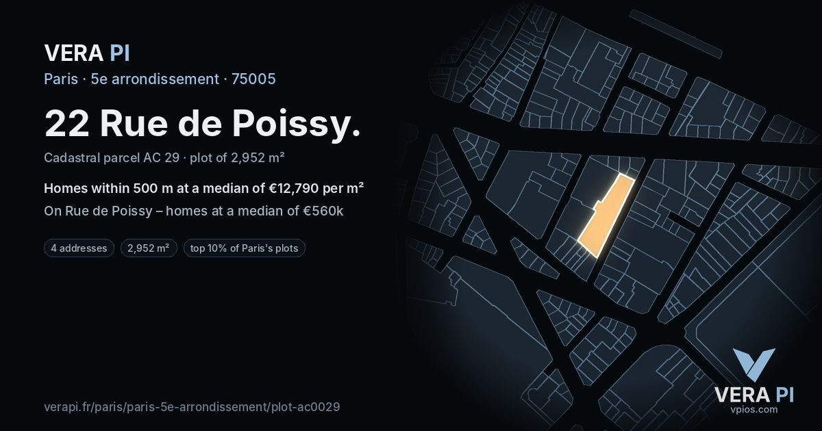 22 Rue de Poissy, 5e arrondissement at night – the plot lit, the parcels around coloured by the prices near them