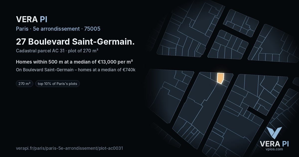 27 Boulevard Saint-Germain, 5e arrondissement at night – the plot lit, the parcels around coloured by the prices near them