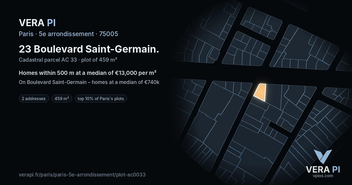 23 Boulevard Saint-Germain, 5e arrondissement at night – the plot lit, the parcels around coloured by the prices near them
