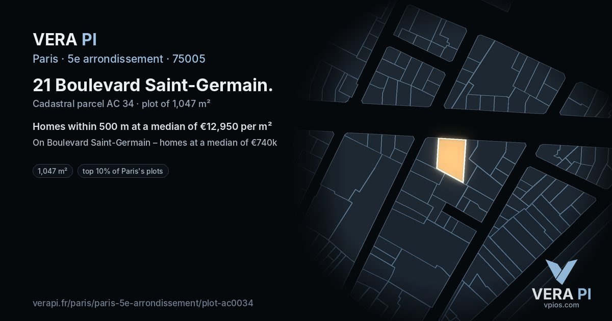 21 Boulevard Saint-Germain, 5e arrondissement at night – the plot lit, the parcels around coloured by the prices near them