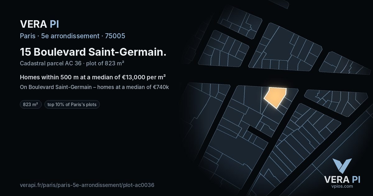 15 Boulevard Saint-Germain, 5e arrondissement at night – the plot lit, the parcels around coloured by the prices near them