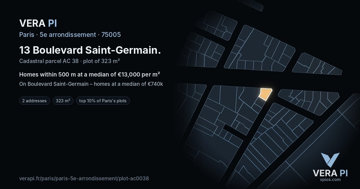 13 Boulevard Saint-Germain, 5e arrondissement at night – the plot lit, the parcels around coloured by the prices near them
