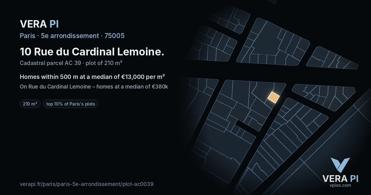 10 Rue du Cardinal Lemoine, 5e arrondissement at night – the plot lit, the parcels around coloured by the prices near them
