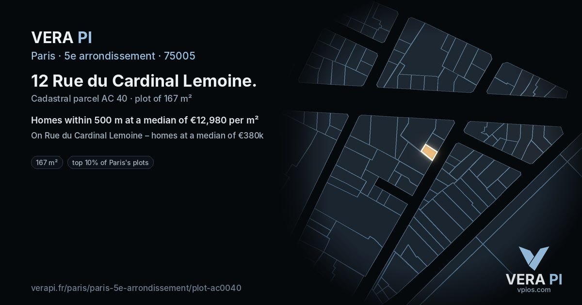 12 Rue du Cardinal Lemoine, 5e arrondissement at night – the plot lit, the parcels around coloured by the prices near them