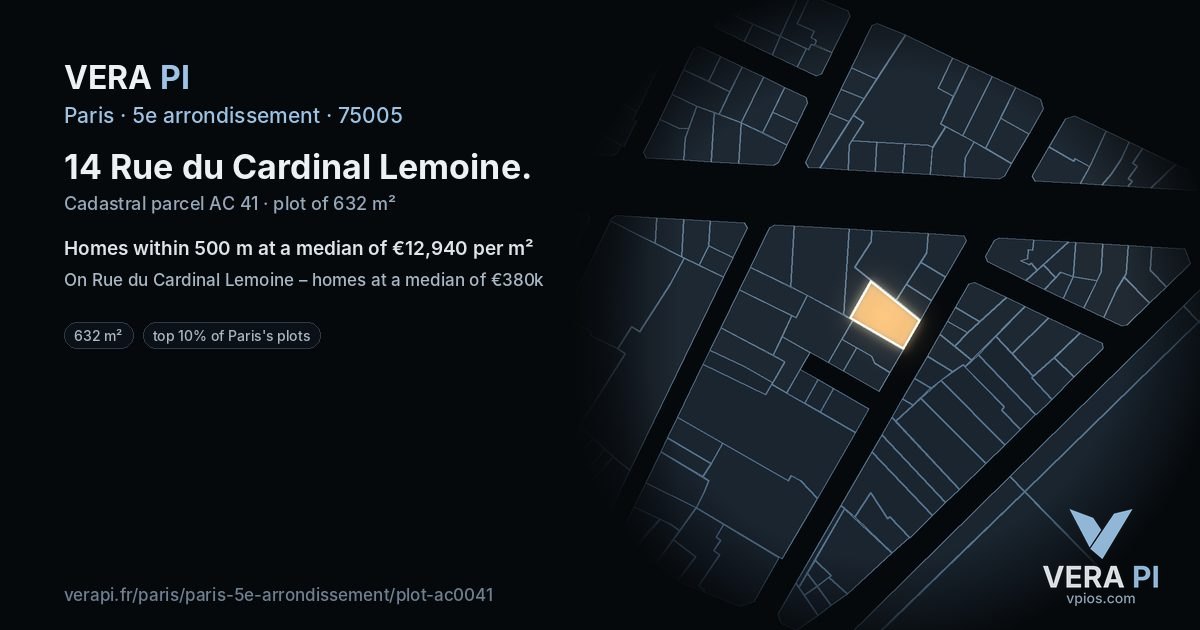 14 Rue du Cardinal Lemoine, 5e arrondissement at night – the plot lit, the parcels around coloured by the prices near them