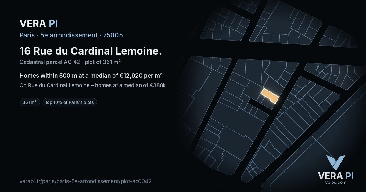 16 Rue du Cardinal Lemoine, 5e arrondissement at night – the plot lit, the parcels around coloured by the prices near them